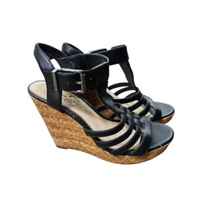 Jessica Simpson JENAA Black Wedge Strappy Buckle Sandals Size 8